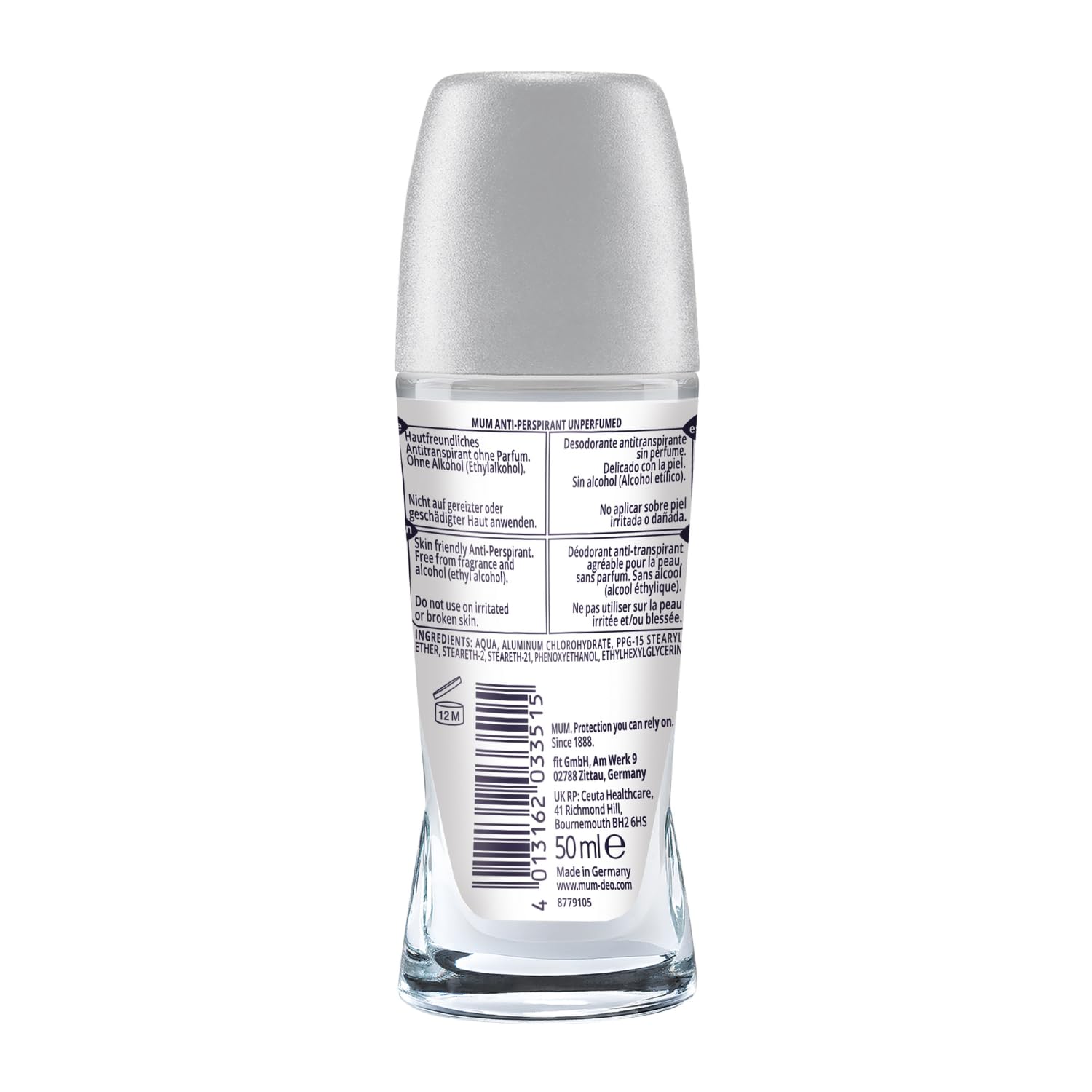 Mum Unperfumed Roll On Deodorant, 48 Hours Plus Protection, Alcohol Free Womens Mens Deodorant, Anti-Perspirant, Vegan, Sustainable Glass Bottle, Fragrance Free, 50 ml, Pack of 6 - Image 3