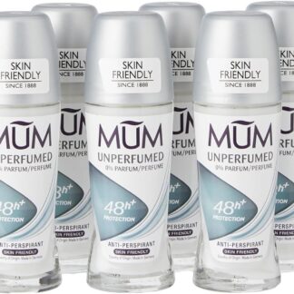 Mum Unperfumed Roll On Deodorant, 48 Hours Plus Protection, Alcohol Free Womens Mens Deodorant, Anti-Perspirant, Vegan, Sustainable Glass Bottle, Fragrance Free, 50 ml, Pack of 6