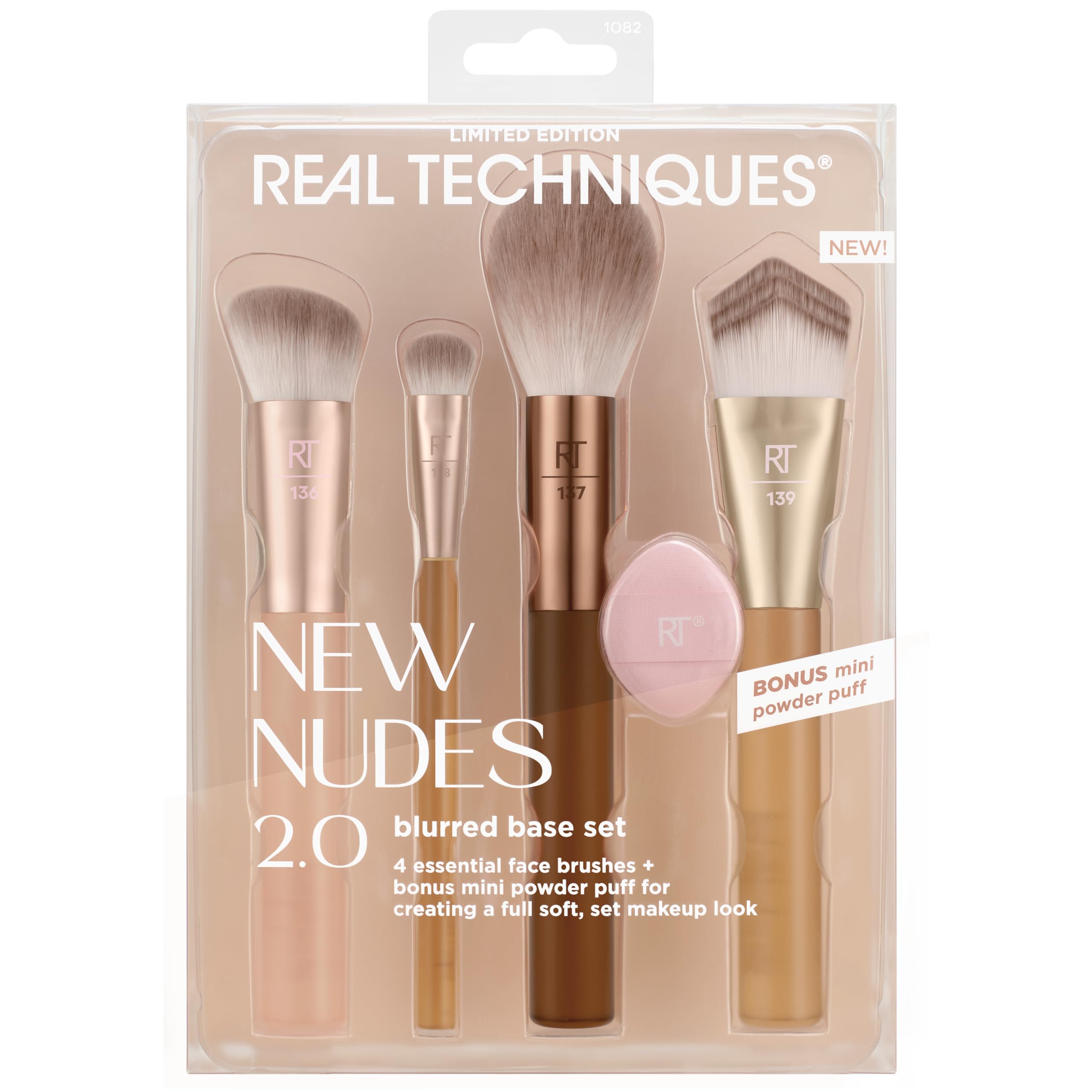 Real Techniques New Nudes 2.0 Blurred Base Kit, Soft Bristles, Set of 5 | Face Makeup Brushes Kit, Powder Puff Included, Seamless Blending of Cream, Liquid & Powder Formulas, Vegan & Cruelty-Free