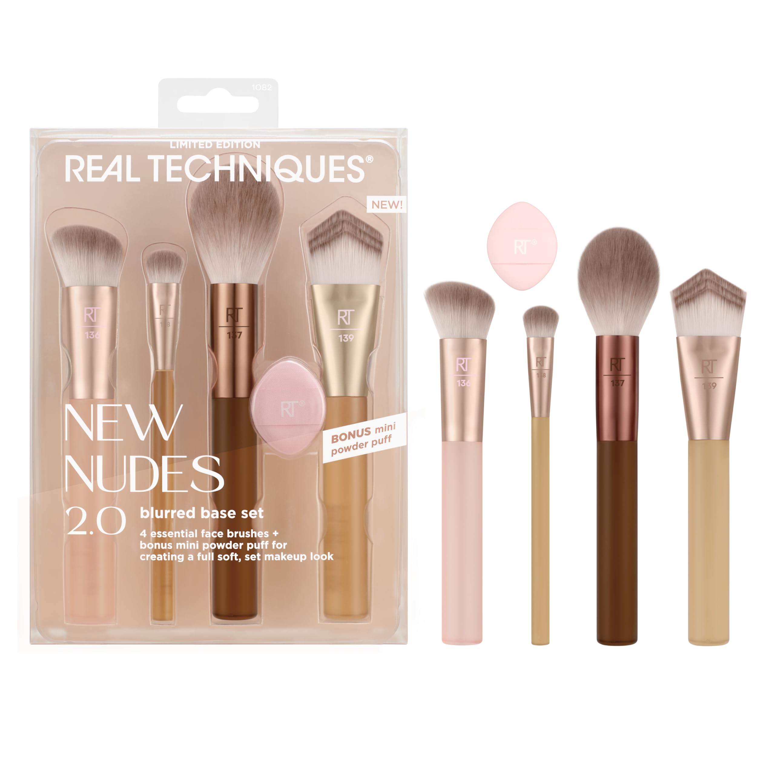 Real Techniques New Nudes 2.0 Blurred Base Kit, Soft Bristles, Set of 5 | Face Makeup Brushes Kit, Powder Puff Included, Seamless Blending of Cream, Liquid & Powder Formulas, Vegan & Cruelty-Free - Image 2
